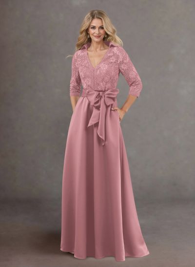 Classic V-Neck Bow Accented Satin Mother Of The Bride Dresses With Lace