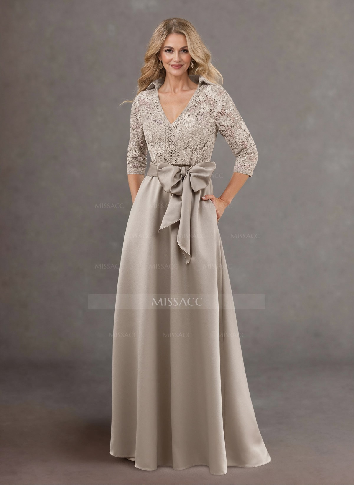 Classic V-Neck Bow Accented Satin Mother Of The Bride Dresses With Lace