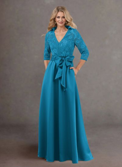 Classic V-Neck Bow Accented Satin Mother Of The Bride Dresses With Lace