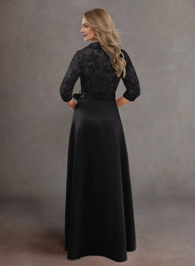 Classic V-Neck Bow Accented Satin Mother Of The Bride Dresses With Lace