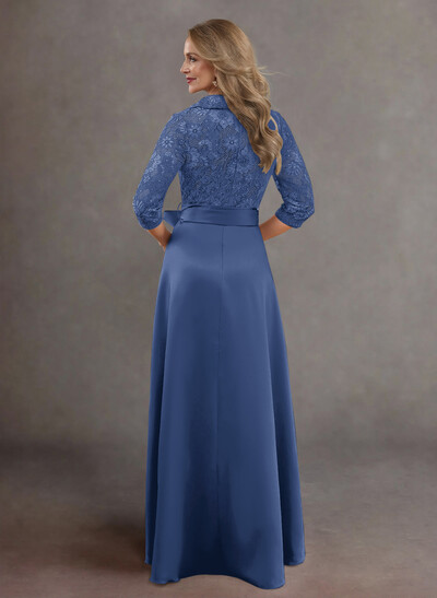 Classic V-Neck Bow Accented Satin Mother Of The Bride Dresses With Lace