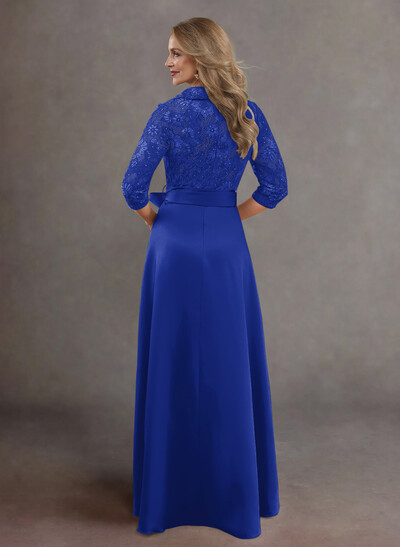 Classic V-Neck Bow Accented Satin Mother Of The Bride Dresses With Lace