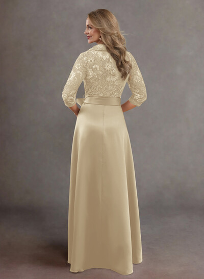 Classic V-Neck Bow Accented Satin Mother Of The Bride Dresses With Lace