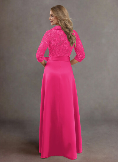 Classic V-Neck Bow Accented Satin Mother Of The Bride Dresses With Lace