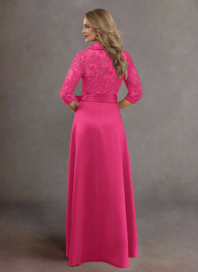 Classic V-Neck Bow Accented Satin Mother Of The Bride Dresses With Lace