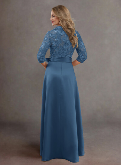 Classic V-Neck Bow Accented Satin Mother Of The Bride Dresses With Lace