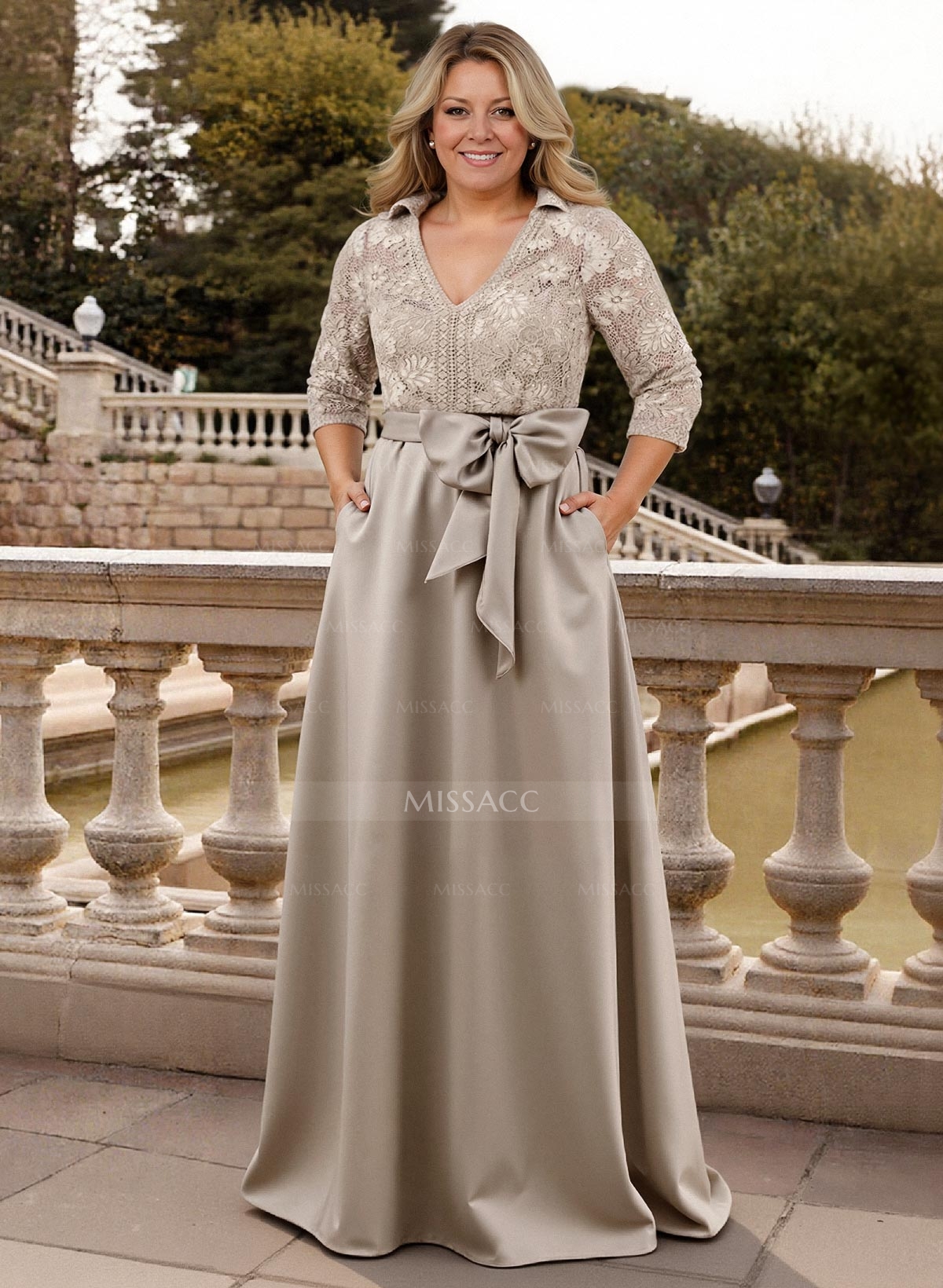 Classic V-Neck Bow Accented Satin Mother Of The Bride Dresses With Lace