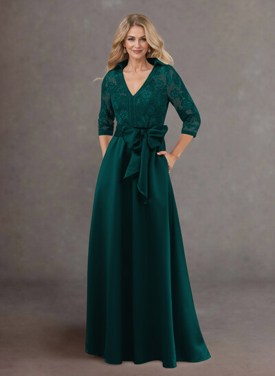 Classic V-Neck Bow Accented Satin Mother Of The Bride Dresses With Lace