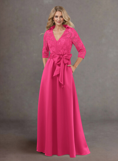 Classic V-Neck Bow Accented Satin Mother Of The Bride Dresses With Lace