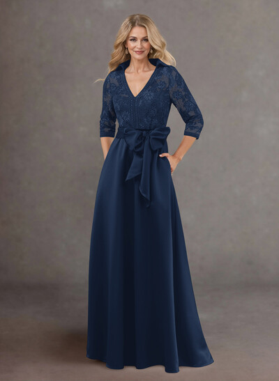 Classic V-Neck Bow Accented Satin Mother Of The Bride Dresses With Lace