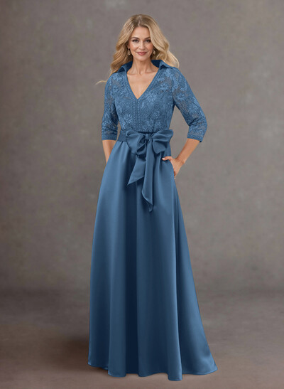 Classic V-Neck Bow Accented Satin Mother Of The Bride Dresses With Lace