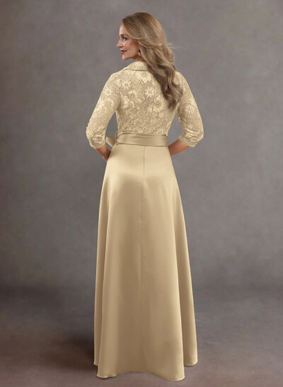 Classic V-Neck Bow Accented Satin Mother Of The Bride Dresses With Lace