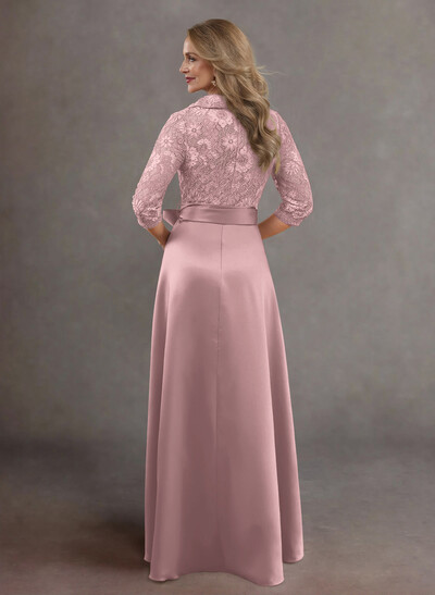 Classic V-Neck Bow Accented Satin Mother Of The Bride Dresses With Lace