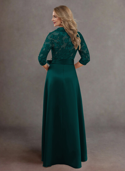 Classic V-Neck Bow Accented Satin Mother Of The Bride Dresses With Lace