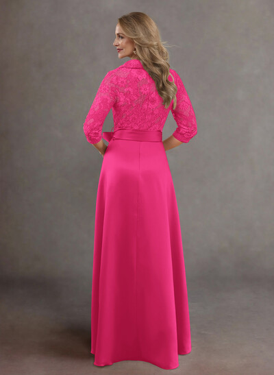 Classic V-Neck Bow Accented Satin Mother Of The Bride Dresses With Lace