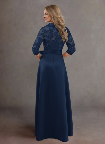 Classic V-Neck Bow Accented Satin Mother Of The Bride Dresses With Lace