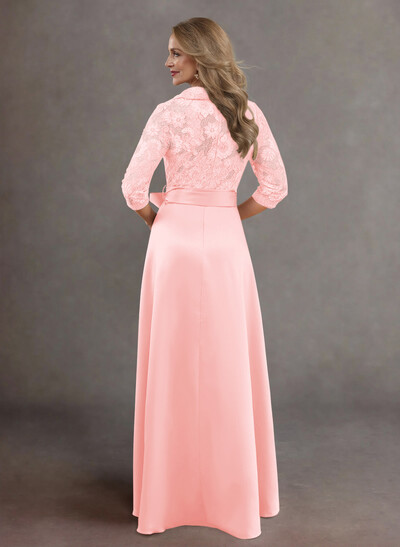 Classic V-Neck Bow Accented Satin Mother Of The Bride Dresses With Lace