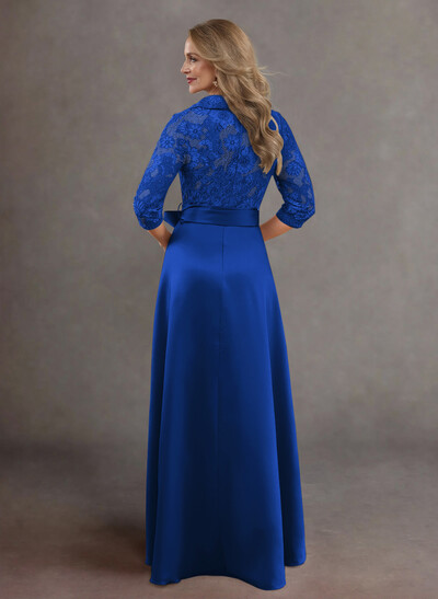 Classic V-Neck Bow Accented Satin Mother Of The Bride Dresses With Lace