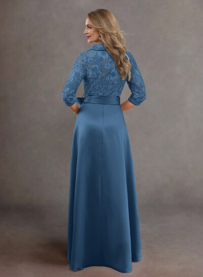Classic V-Neck Bow Accented Satin Mother Of The Bride Dresses With Lace