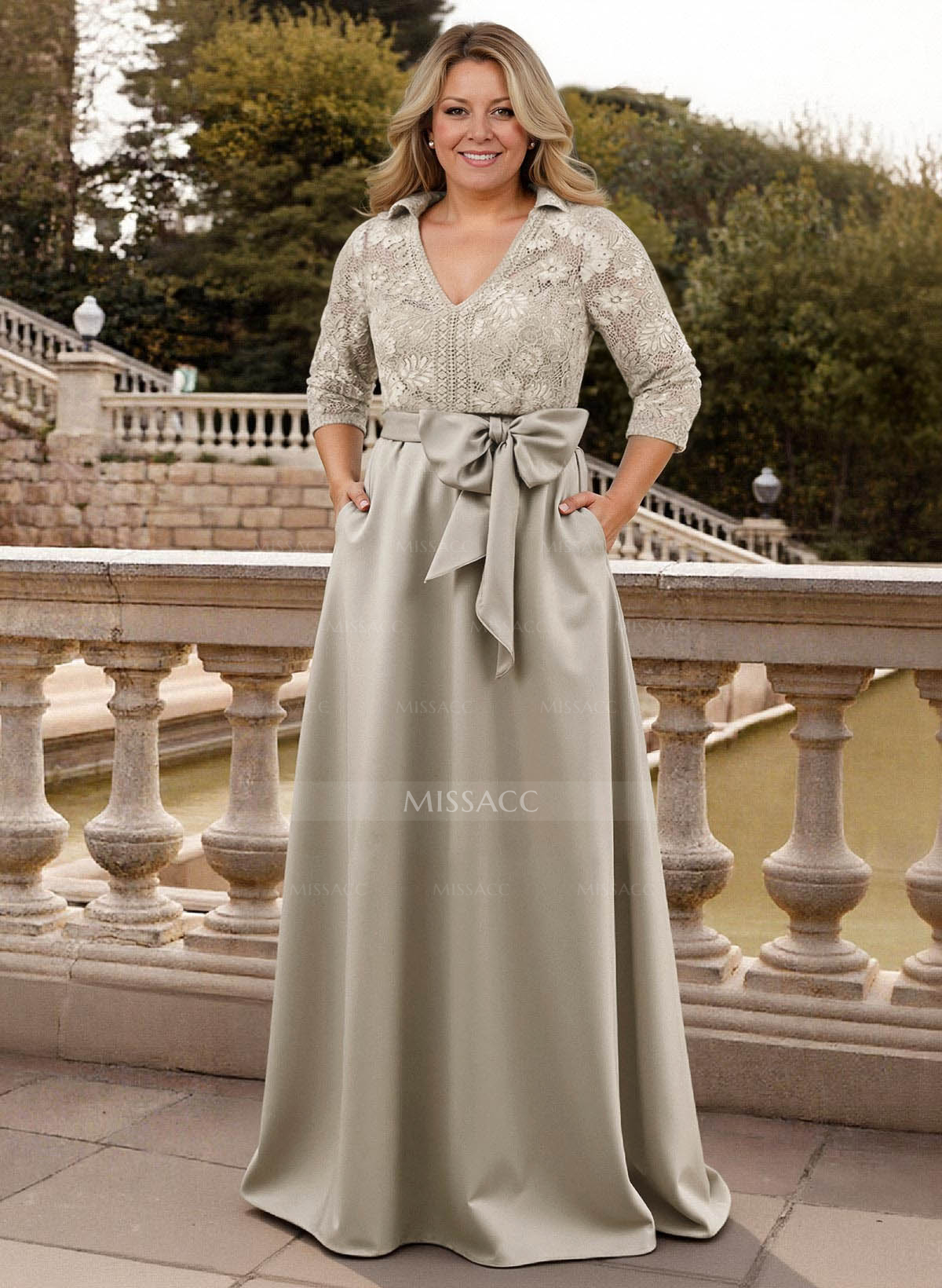 Classic V-Neck Bow Accented Satin Mother Of The Bride Dresses With Lace