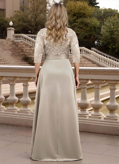 Classic V-Neck Bow Accented Satin Mother Of The Bride Dresses With Lace
