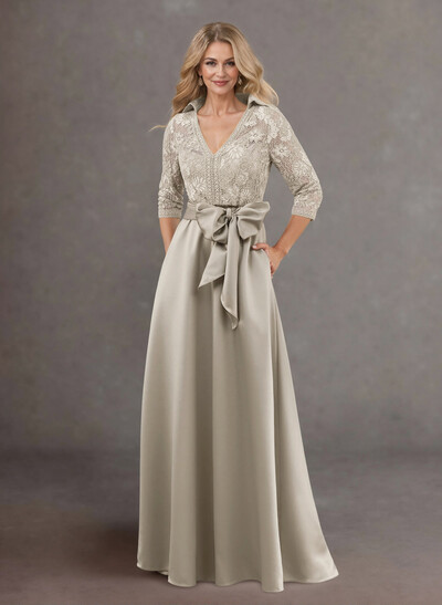 Classic V-Neck Bow Accented Satin Mother Of The Bride Dresses With Lace