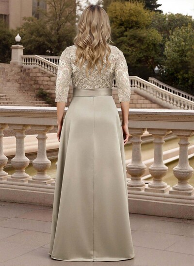 Classic V-Neck Bow Accented Satin Mother Of The Bride Dresses With Lace