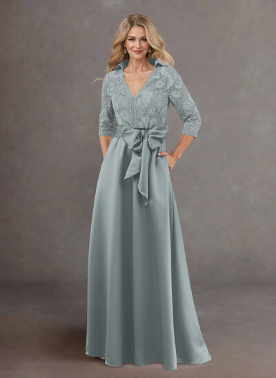 Classic V-Neck Bow Accented Satin Mother Of The Bride Dresses With Lace