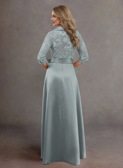 Classic V-Neck Bow Accented Satin Mother Of The Bride Dresses With Lace