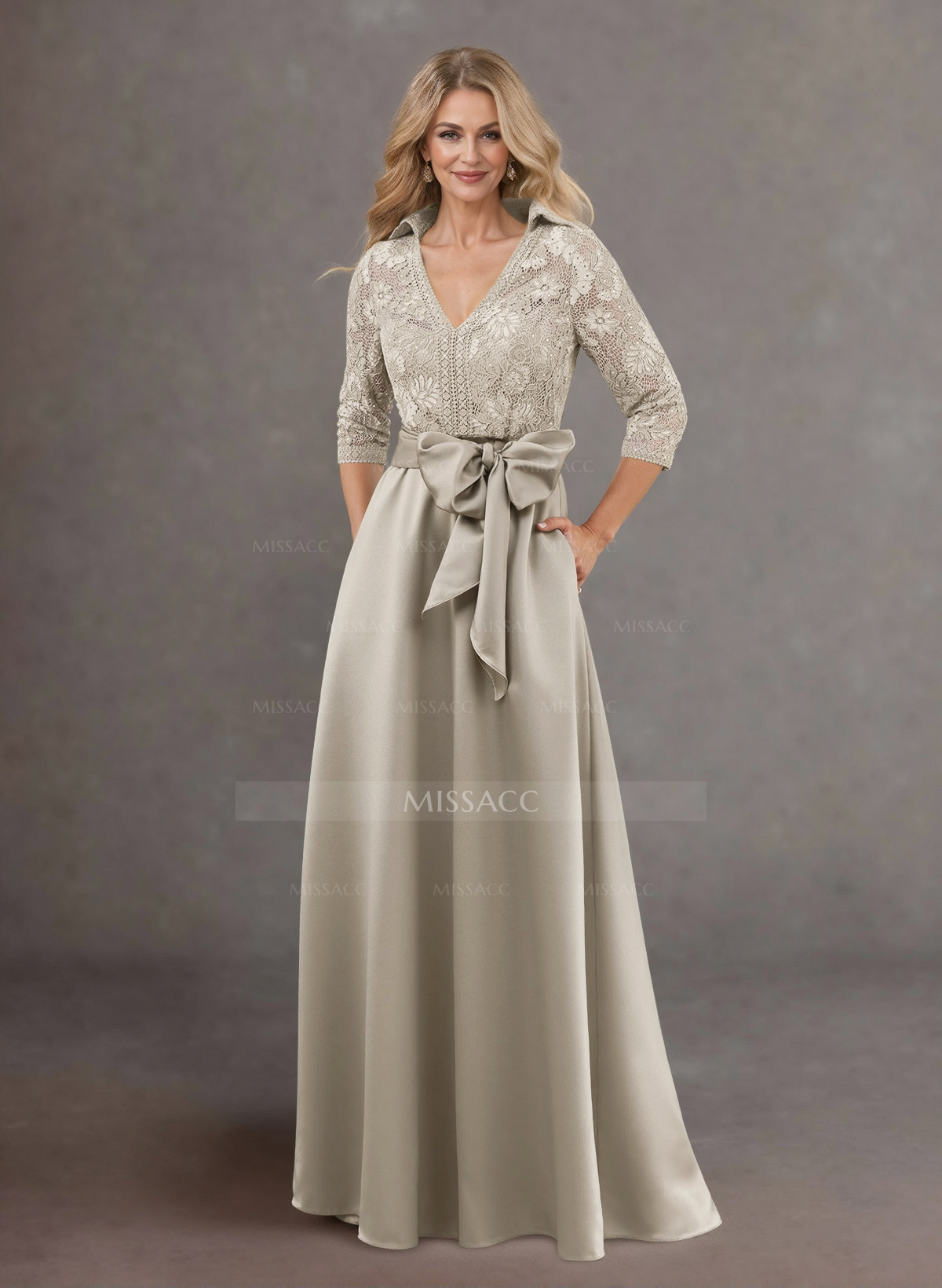 Classic V-Neck Bow Accented Satin Mother Of The Bride Dresses With Lace