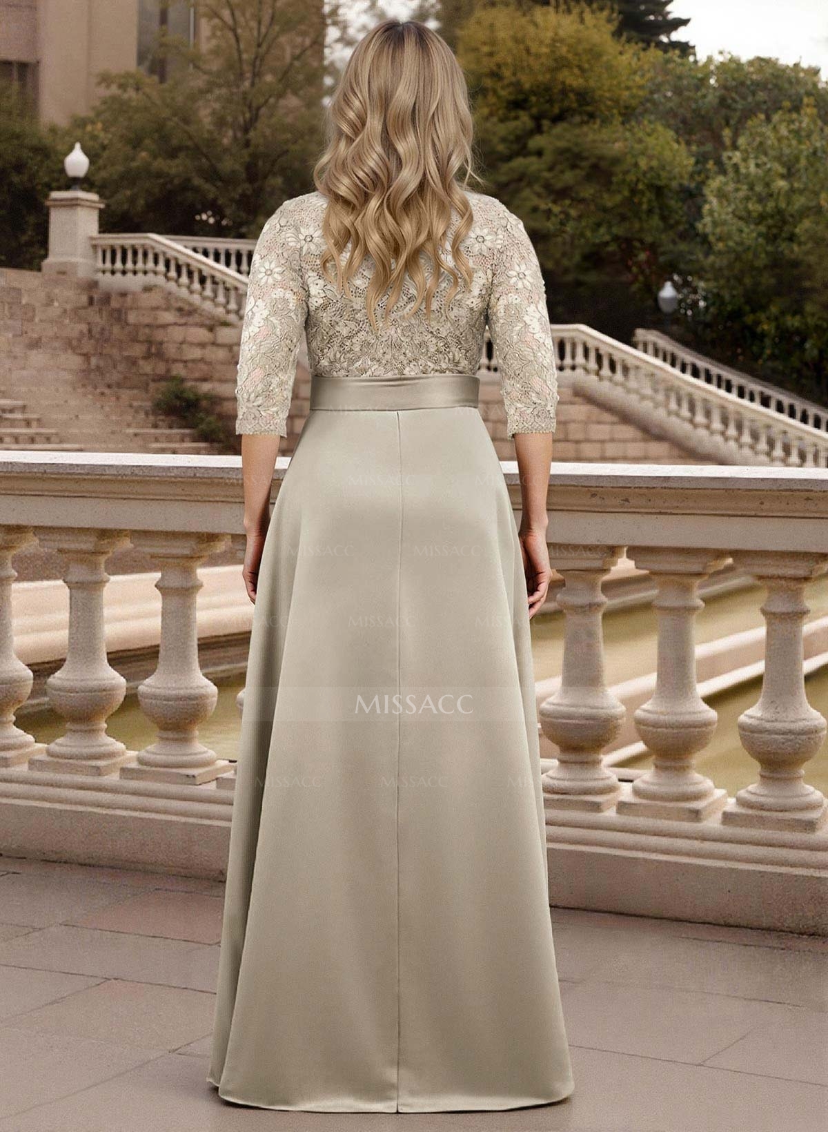 Classic V-Neck Bow Accented Satin Mother Of The Bride Dresses With Lace