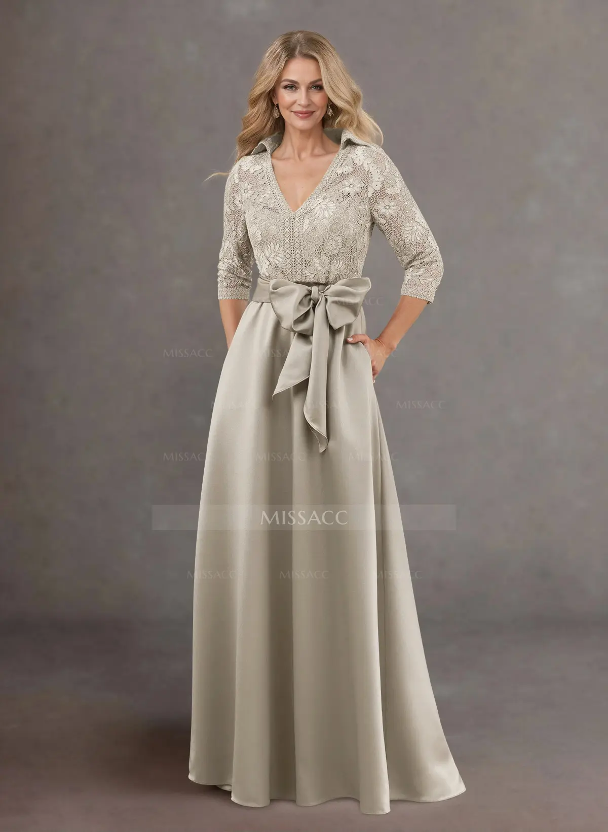 Missacc Watermelon Mother of The Bride Dresses Classic V-Neck Bow Accented Satin Mother of The Bride Dresses with Lace