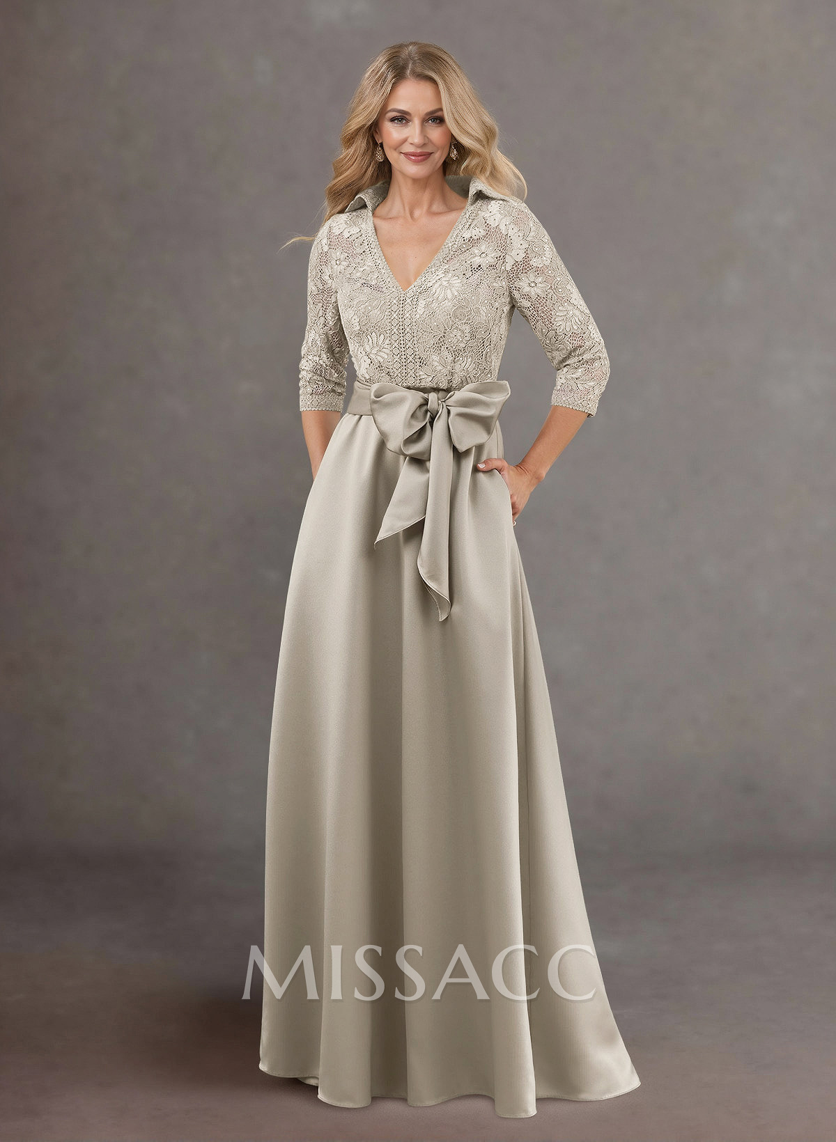 Classic V-Neck Bow Accented Satin Mother Of The Bride Dresses With Lace