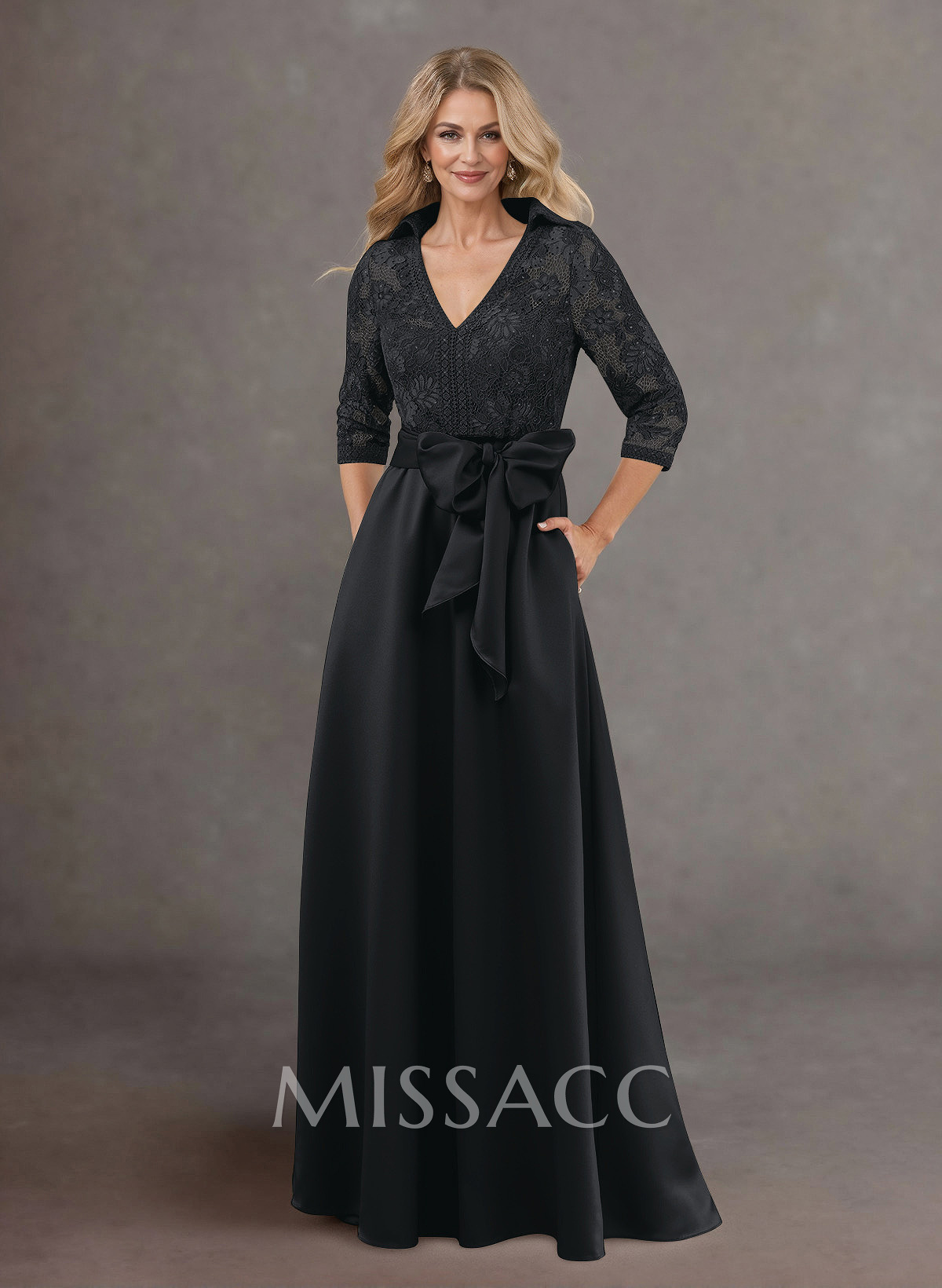 Classic V-Neck Bow Accented Satin Mother Of The Bride Dresses With Lace