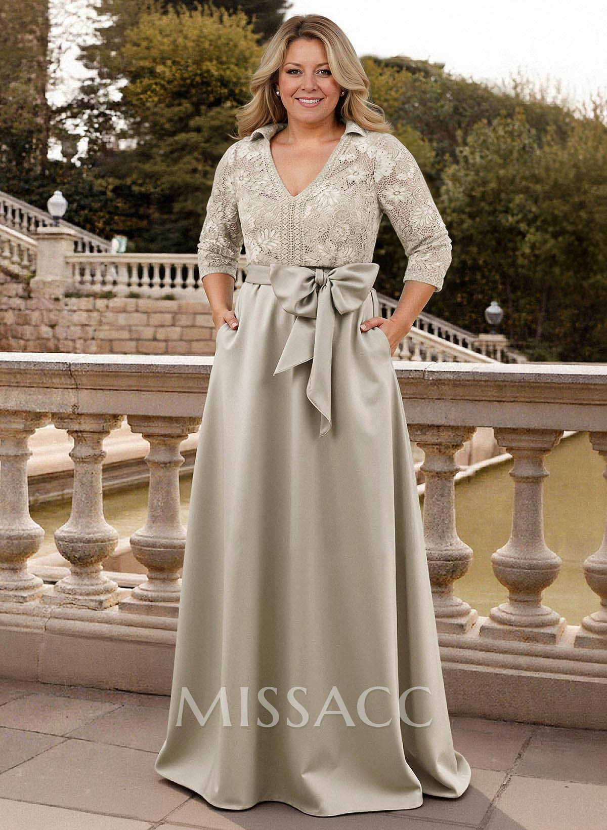 Classic V-Neck Bow Accented Satin Mother Of The Bride Dresses With Lace