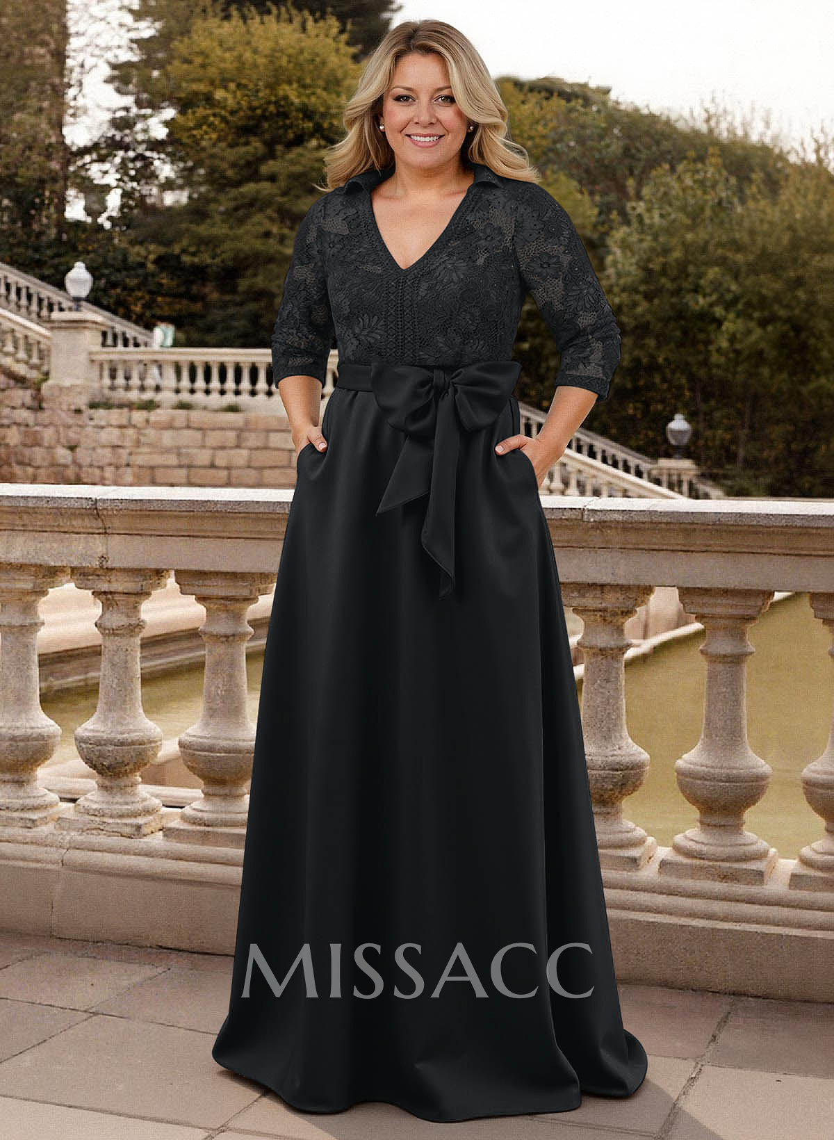 Classic V-Neck Bow Accented Satin Mother Of The Bride Dresses With Lace