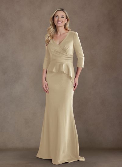 Modest Trumpet Long Sleeves V-Neck Satin Mother Of The Bride Dresses With Ruffle