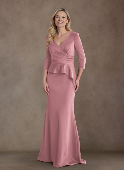 Modest Trumpet Long Sleeves V-Neck Satin Mother Of The Bride Dresses With Ruffle