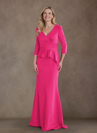 Modest Trumpet Long Sleeves V-Neck Satin Mother Of The Bride Dresses With Ruffle