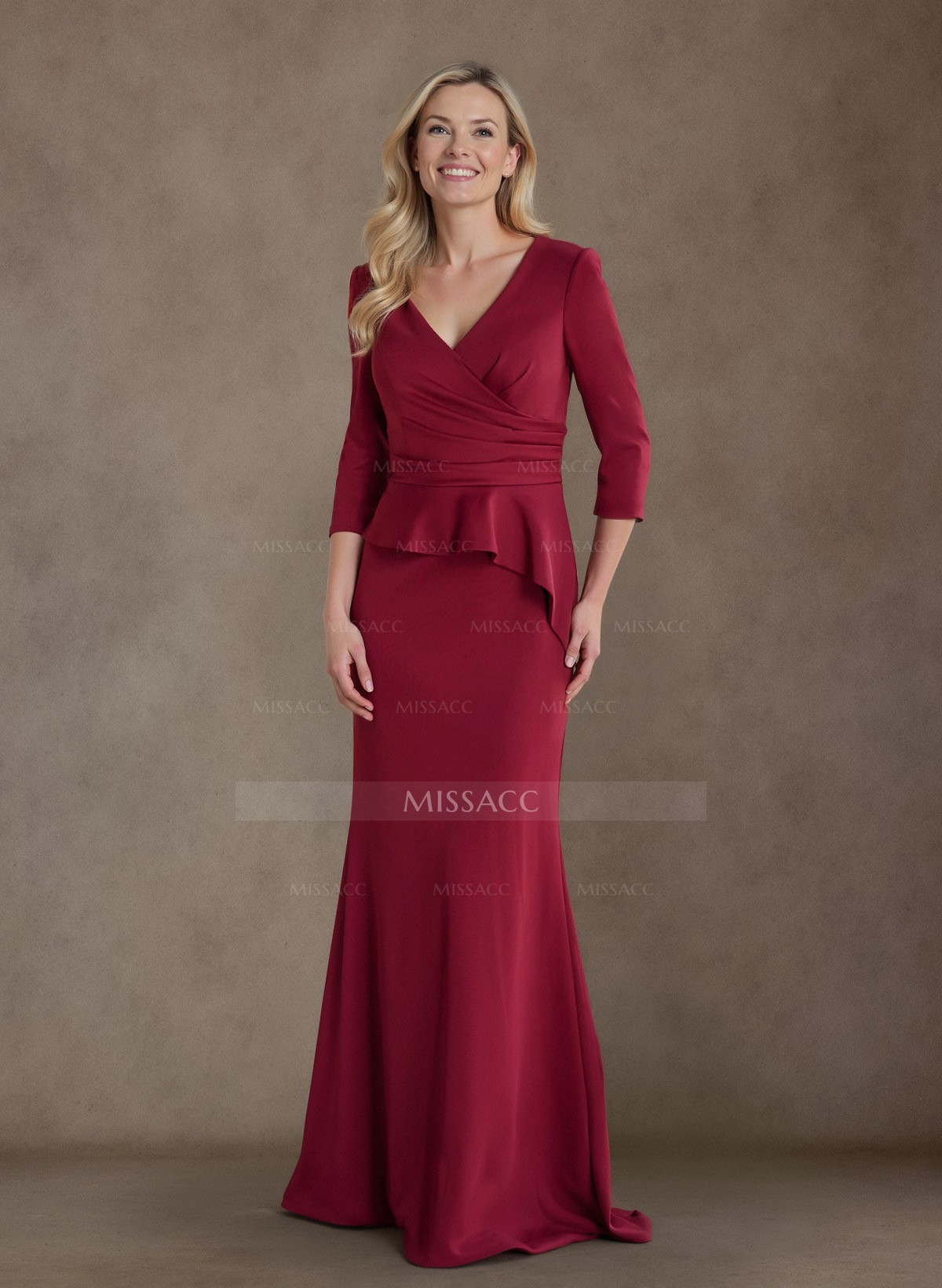 Modest Trumpet Long Sleeves V-Neck Satin Mother Of The Bride Dresses With Ruffle