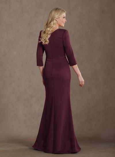 Modest Trumpet Long Sleeves V-Neck Elastic Satin Mother Of The Bride Dresses With Ruffle