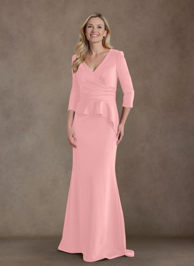 Modest Trumpet Long Sleeves V-Neck Elastic Satin Mother Of The Bride Dresses With Ruffle