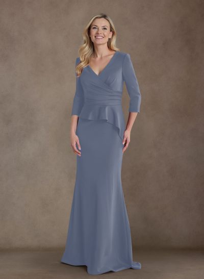 Modest Trumpet Long Sleeves V-Neck Elastic Satin Mother Of The Bride Dresses With Ruffle