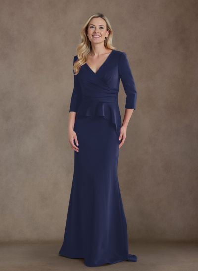 Modest Trumpet Long Sleeves V-Neck Elastic Satin Mother Of The Bride Dresses With Ruffle