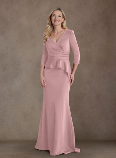 Modest Trumpet Long Sleeves V-Neck Elastic Satin Mother Of The Bride Dresses With Ruffle