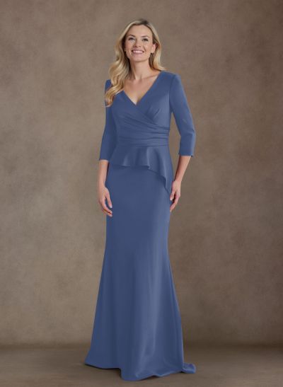 Modest Trumpet Long Sleeves V-Neck Elastic Satin Mother Of The Bride Dresses With Ruffle