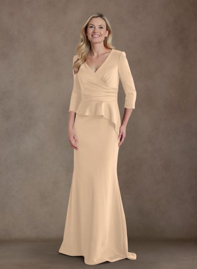 Modest Trumpet Long Sleeves V-Neck Elastic Satin Mother Of The Bride Dresses With Ruffle