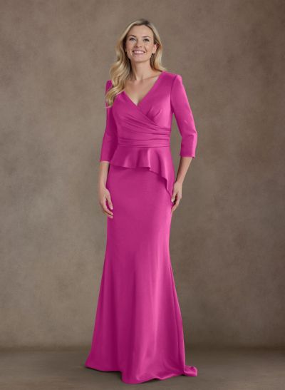 Modest Trumpet Long Sleeves V-Neck Elastic Satin Mother Of The Bride Dresses With Ruffle