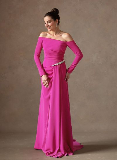 Off-The-Shoulder Elastic Satin Ruched Mother Of The Bride Dresses With Rhinestone