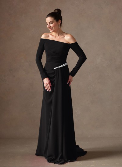 Off-The-Shoulder Elastic Satin Ruched Mother Of The Bride Dresses With Rhinestone